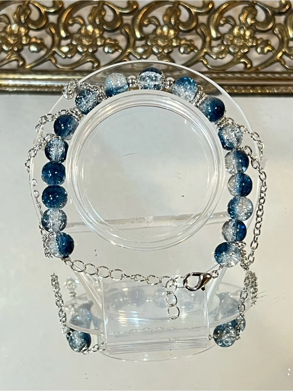 ☀️2/$20 Ice Blue Crackle Beaded Kids Bracelet | Silver Chain Accents